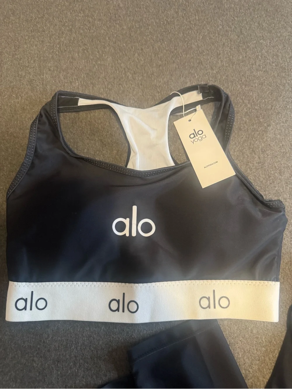 ALO Yoga Black Sports Bra & Leggings Set with White Logo Band